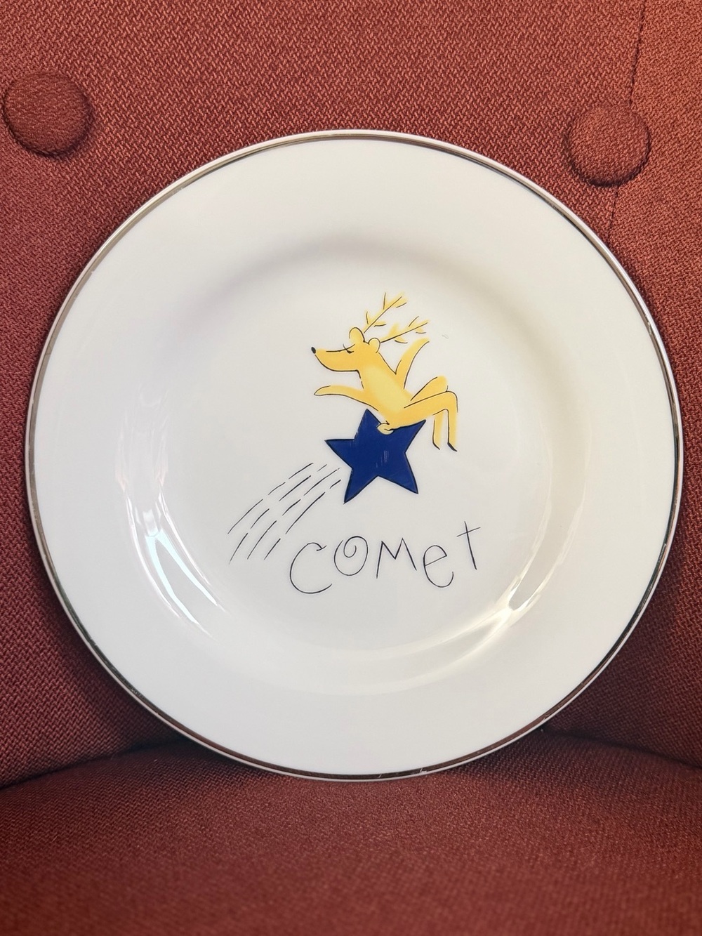 Pottery Barn Comet Reindeer Christmas Salad/Dessert Plate 8.5" Platinum Rim